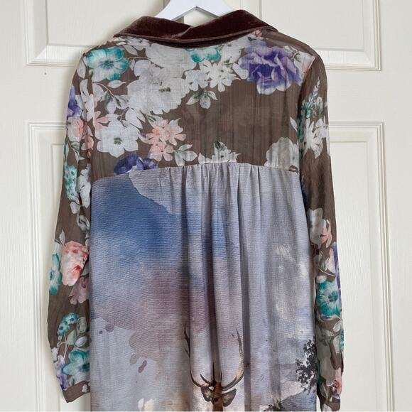 Aratta Silent Gourney Deer Stag Nature Print Fringe Hem Maxi Duster - Picture 5 of 8